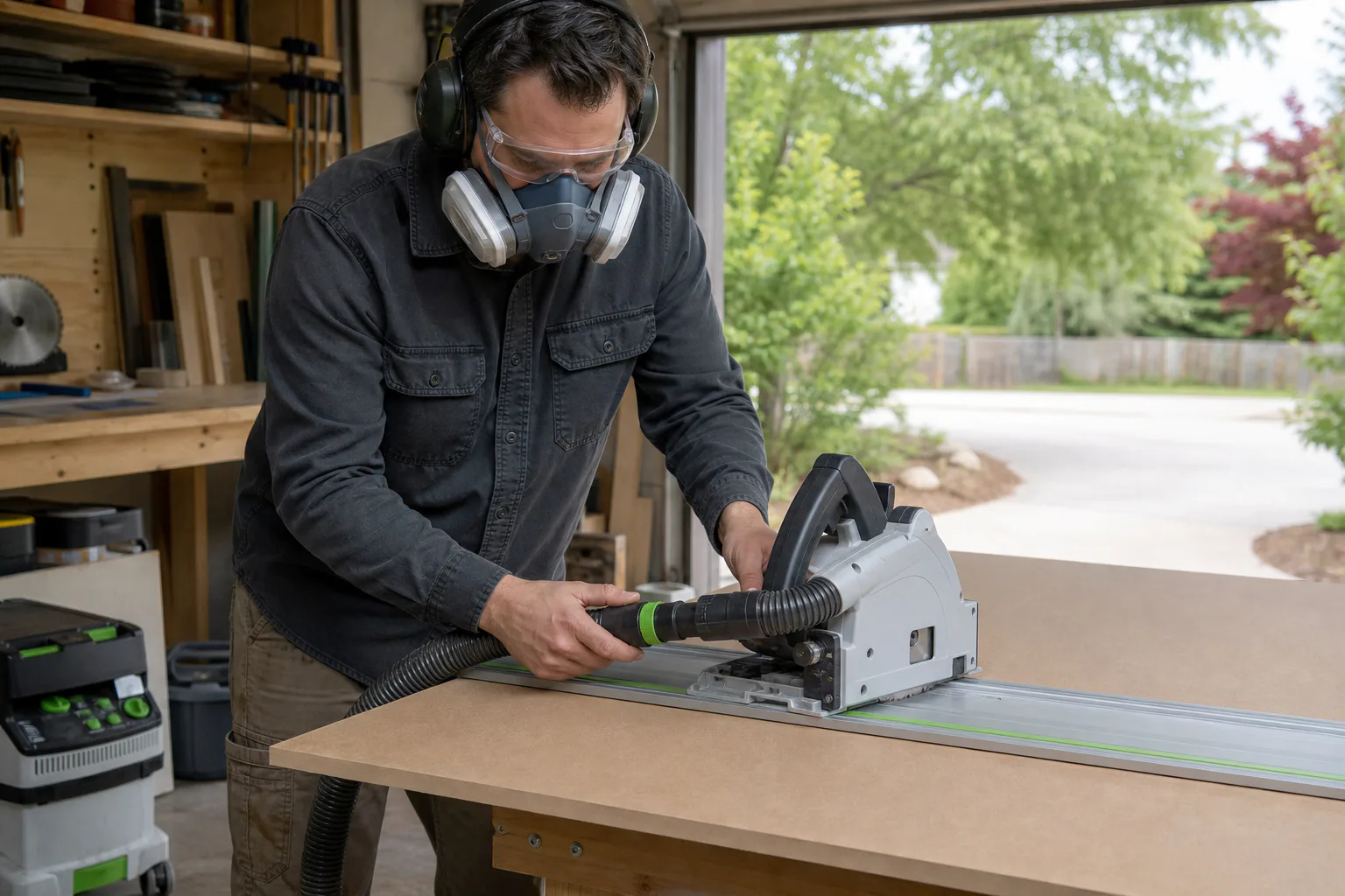 A maker wearing eye, hearing and respiratory protection while connecting dust extraction to a stationary track saw on MDF