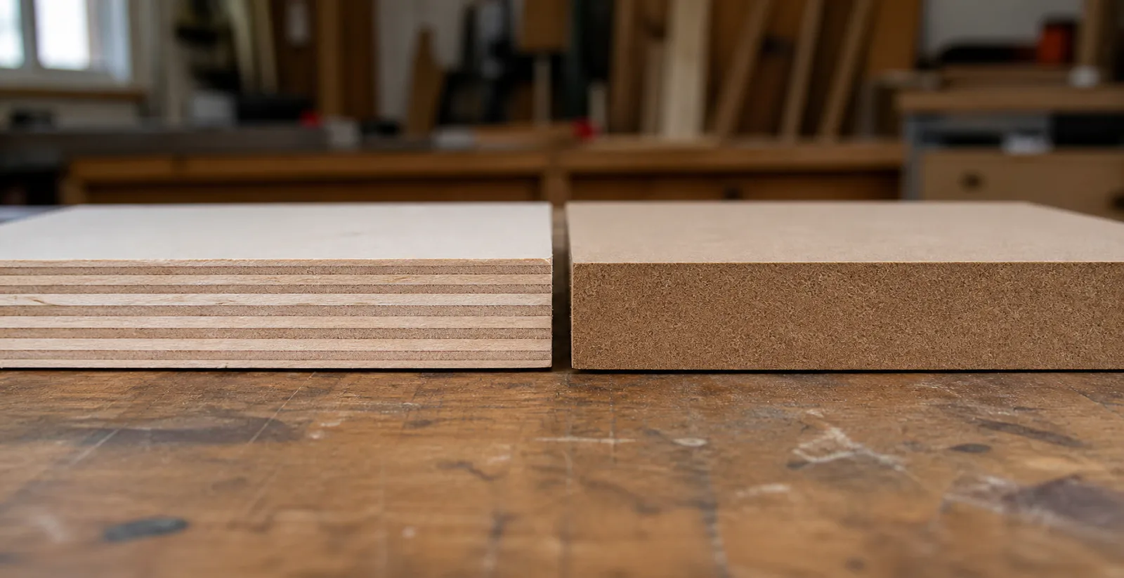 Close view of a layered plywood edge beside the uniform fibre edge of MDF