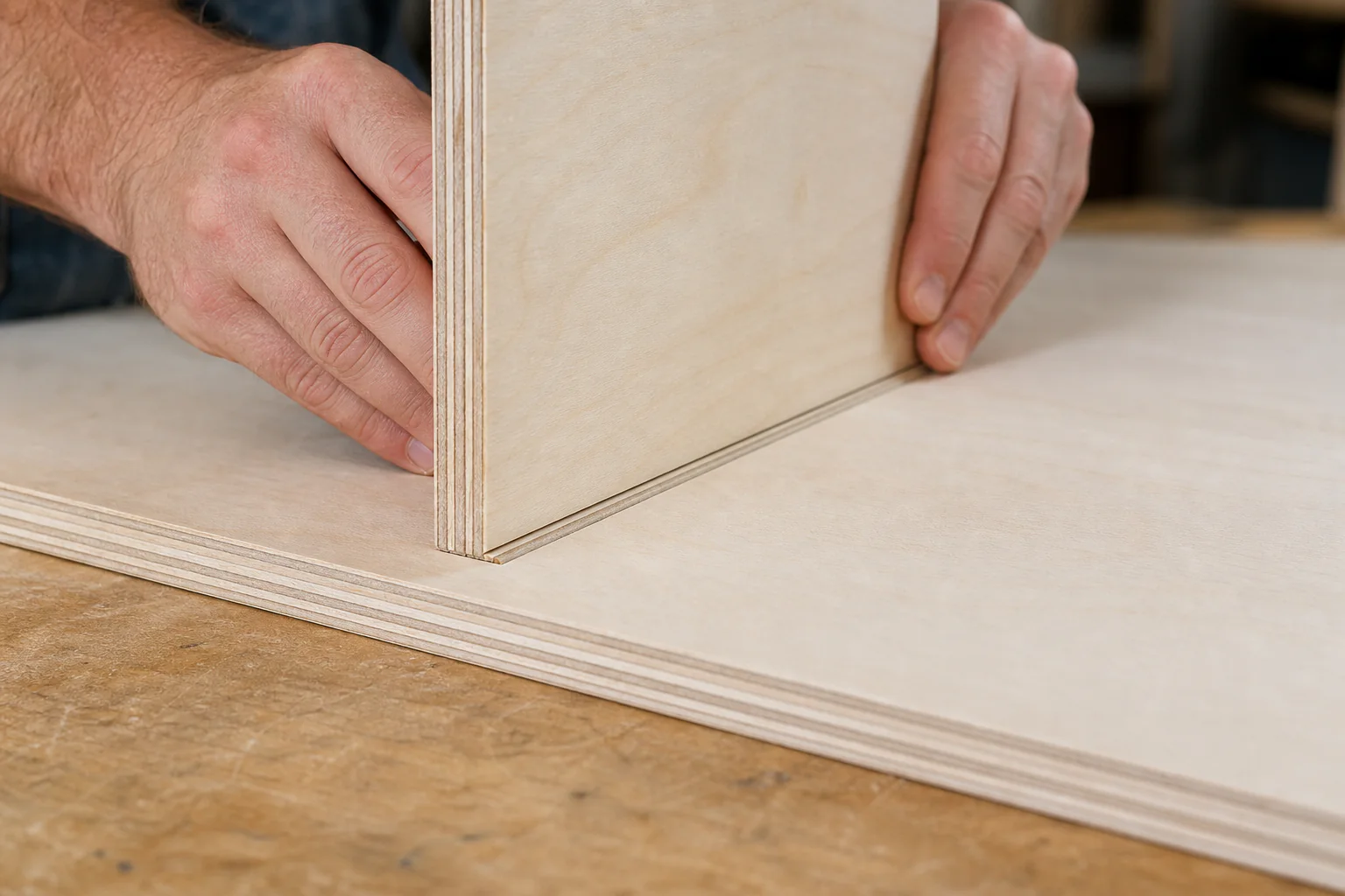 Hands dry-fitting a plywood shelf into a routed housing in a cabinet side