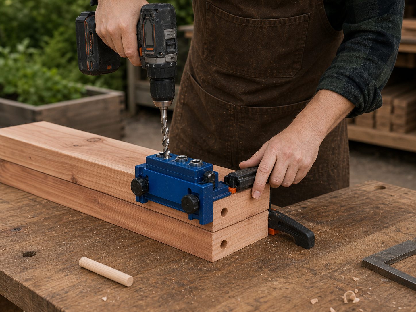 A doweling jig keeps every hole square through both boards.