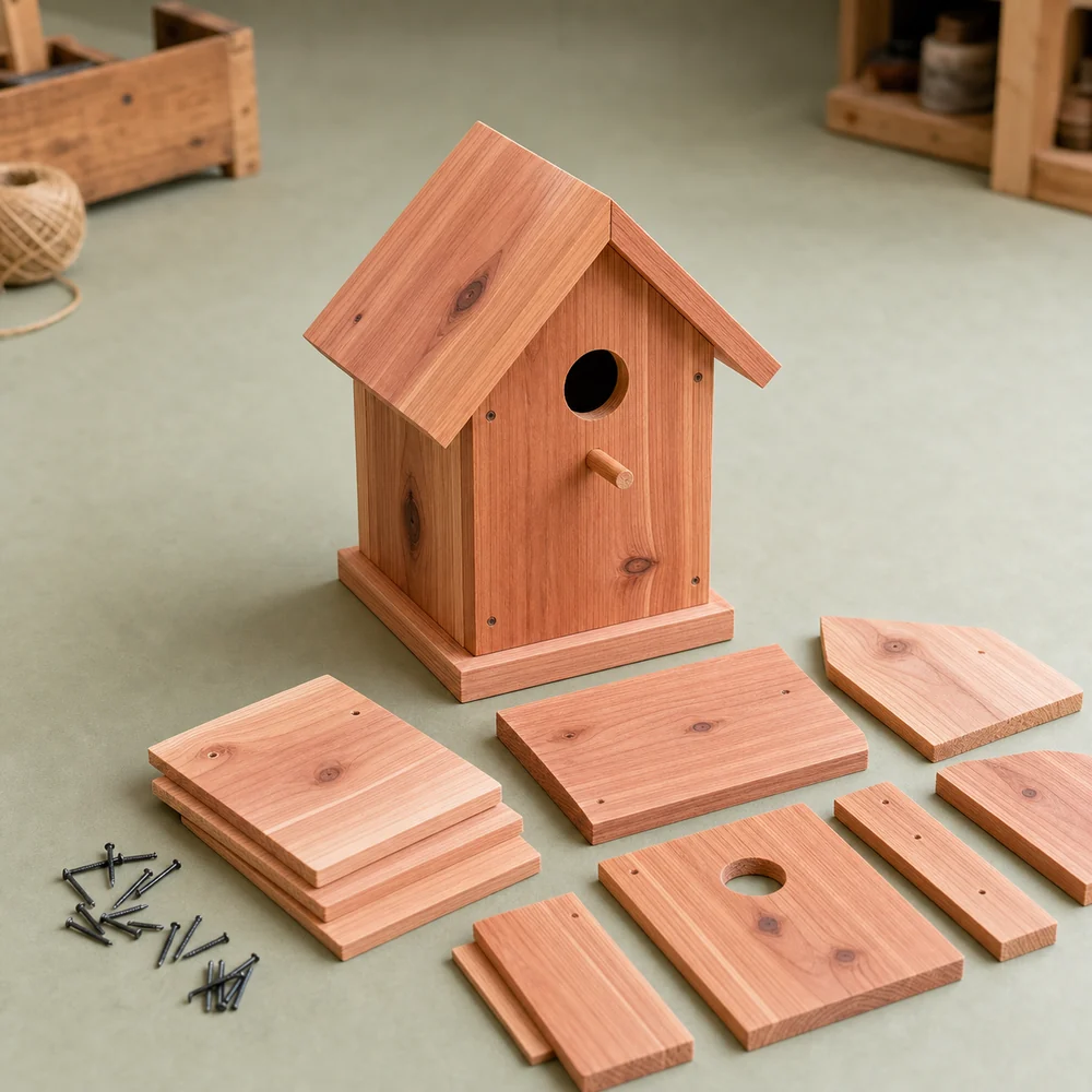 Cedar birdhouse kit with pre-cut parts on a tabletop