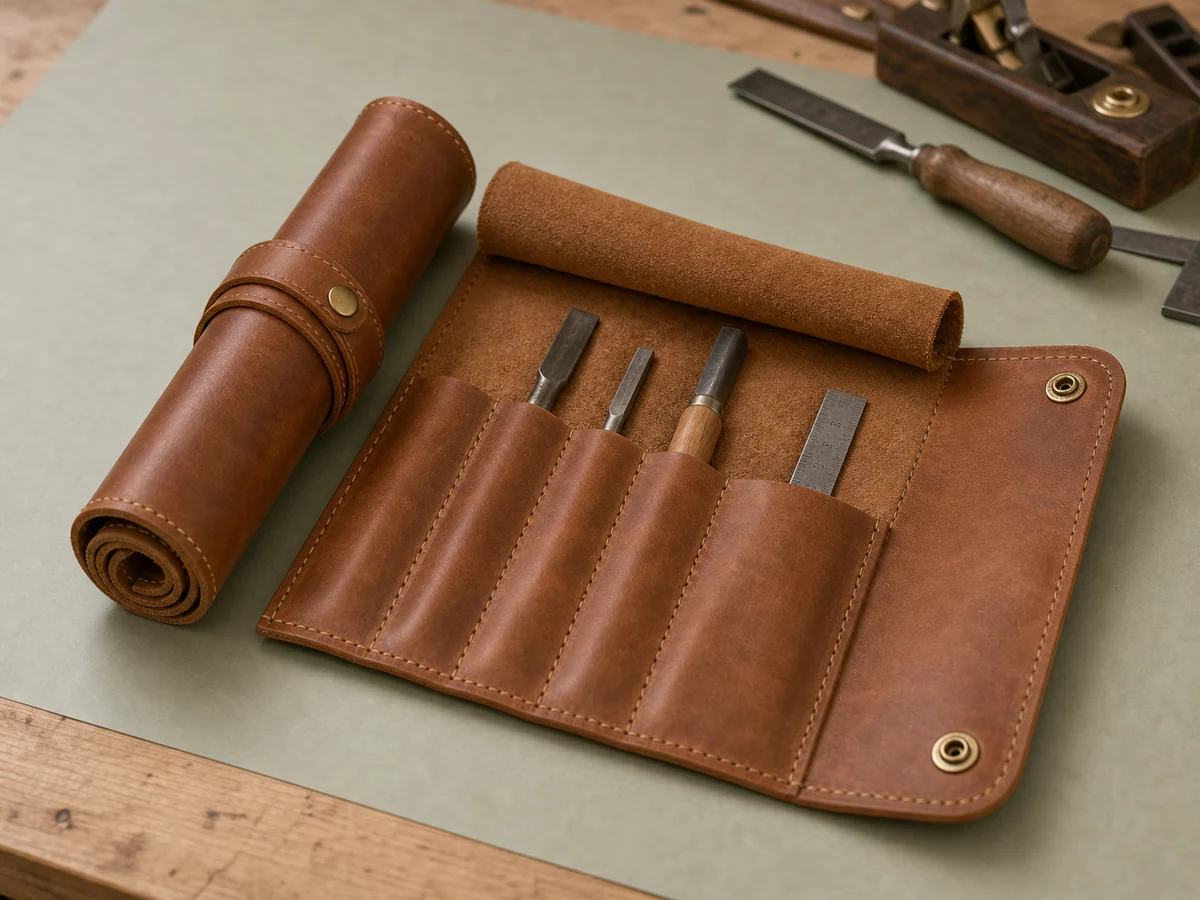 Handmade leather tool roll with tools on a workbench