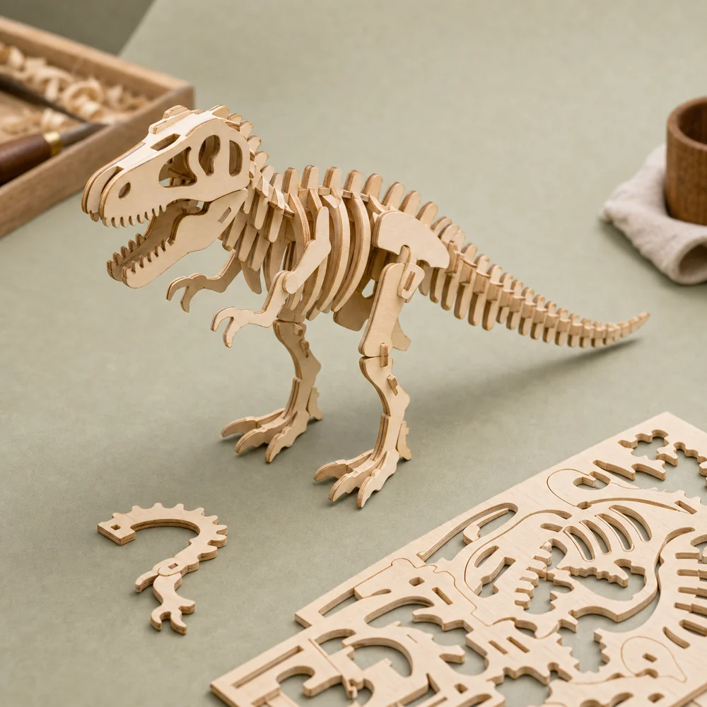 Wooden T-Rex skeleton puzzle kit on a tabletop